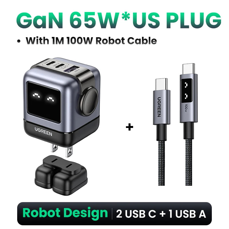Ugreen 65W GaN Charger - Sleek Robot Design with Dual USB-C Ports for PD 3.0 Fast Charging, Compatible with iPhone 16/15/14 Pro, MacBooks, Laptops, and Tablets - Perfect for Travel and Everyday Use.