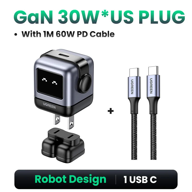 Ugreen 65W GaN Charger - Sleek Robot Design with Dual USB-C Ports for PD 3.0 Fast Charging, Compatible with iPhone 16/15/14 Pro, MacBooks, Laptops, and Tablets - Perfect for Travel and Everyday Use.