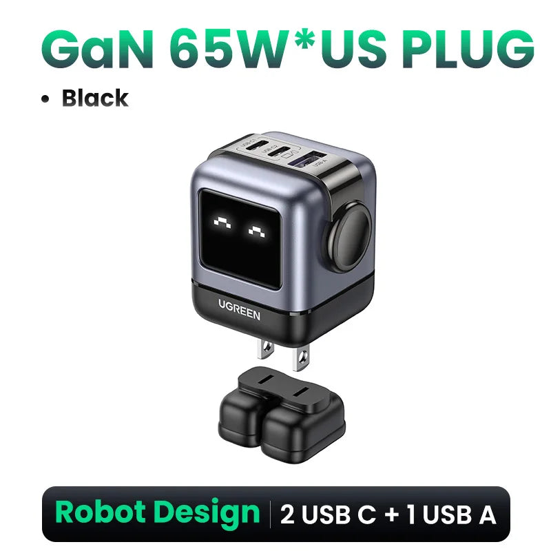 Ugreen 65W GaN Charger - Sleek Robot Design with Dual USB-C Ports for PD 3.0 Fast Charging, Compatible with iPhone 16/15/14 Pro, MacBooks, Laptops, and Tablets - Perfect for Travel and Everyday Use.