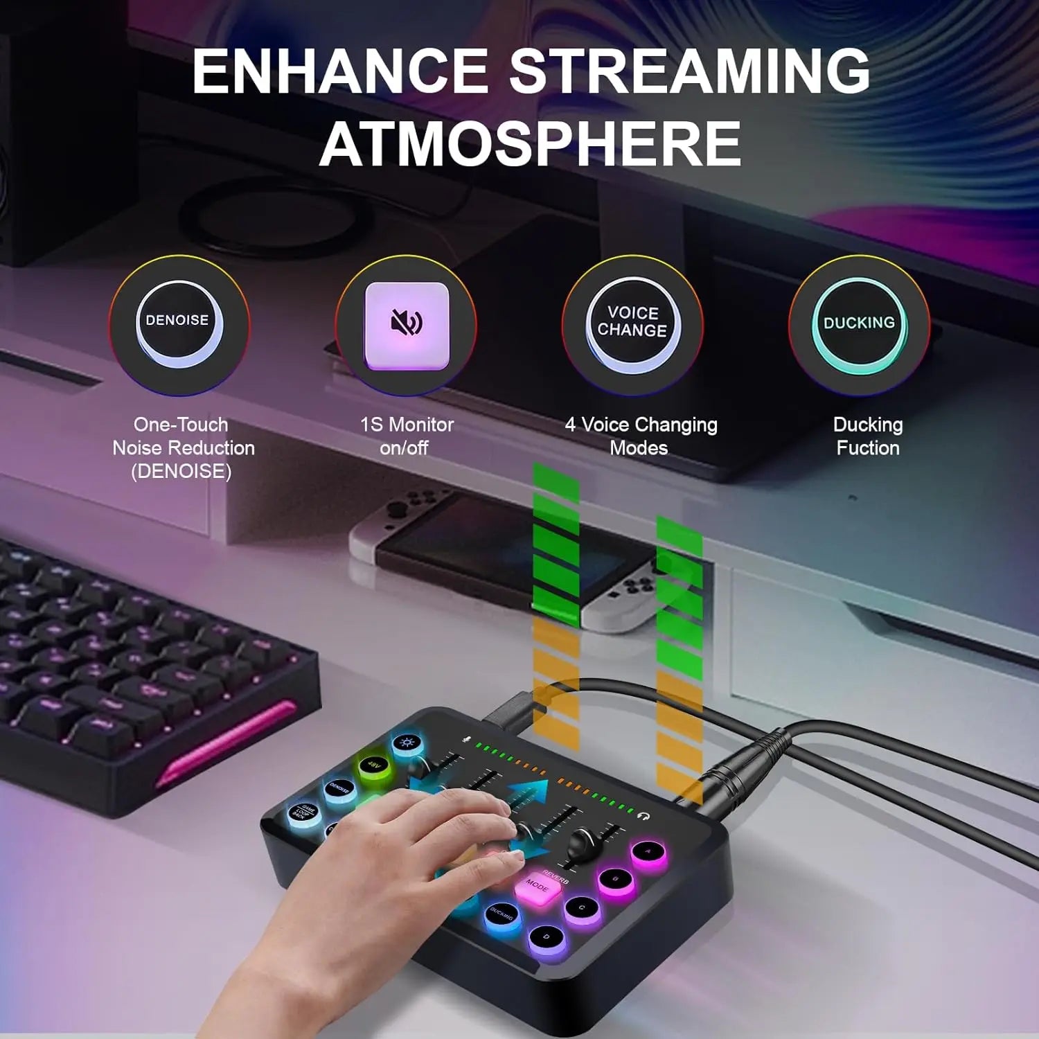F11 Professional 5-Channel Live Sound Card Mixer for Streaming and Studio Recording with Podcast Accessories.