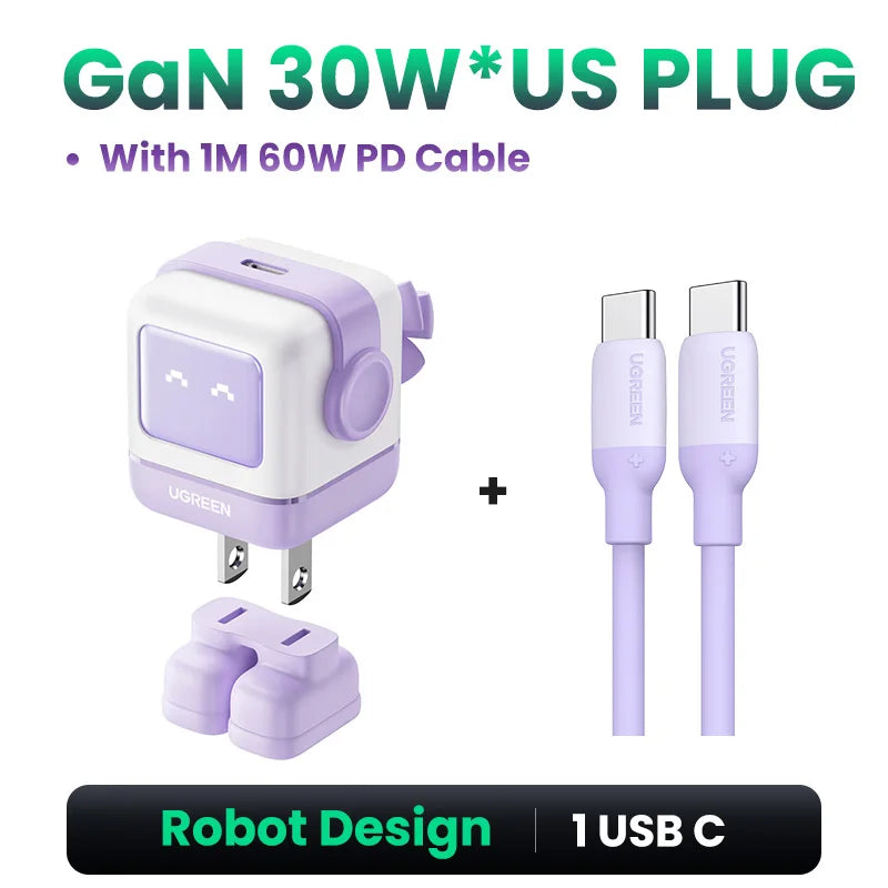 Ugreen 65W GaN Charger - Sleek Robot Design with Dual USB-C Ports for PD 3.0 Fast Charging, Compatible with iPhone 16/15/14 Pro, MacBooks, Laptops, and Tablets - Perfect for Travel and Everyday Use.