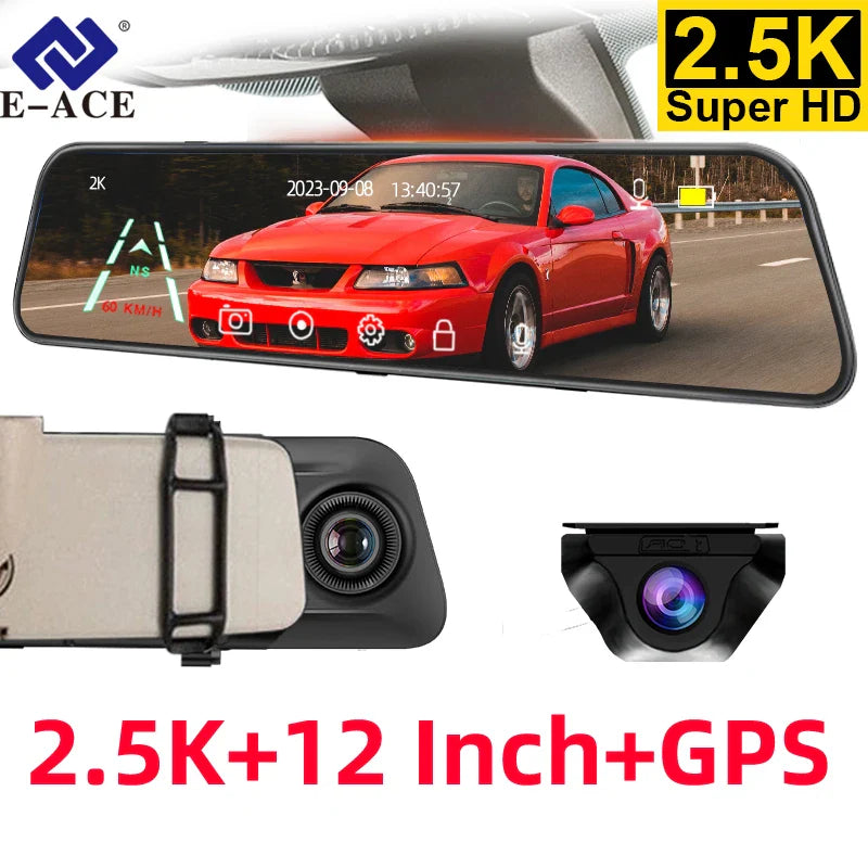 12-Inch Touch Screen Dash Cam and Rearview Camera System for Vehicles with DVR Functionality and Sony Technology.