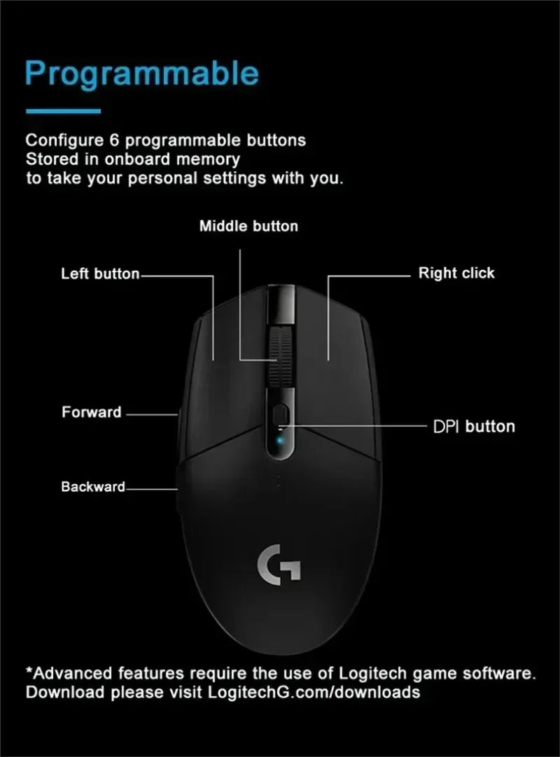 Logitech G304 Bluetooth Wireless Ergonomic Gaming Mouse - 2.4G Connectivity for Notebook and Desktop, Ultra-Lightweight Design.