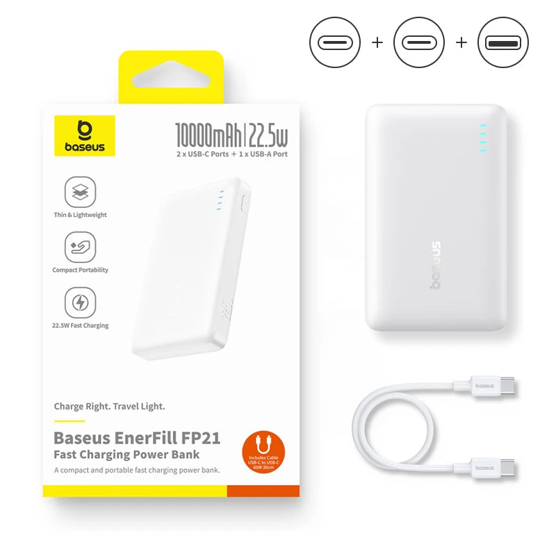 Baseus 22.5W 10000mAh Portable Power Bank with Quick Charge and Power Delivery Fast Charging for iPhone 16, 15, Samsung, and Xiaomi Devices.