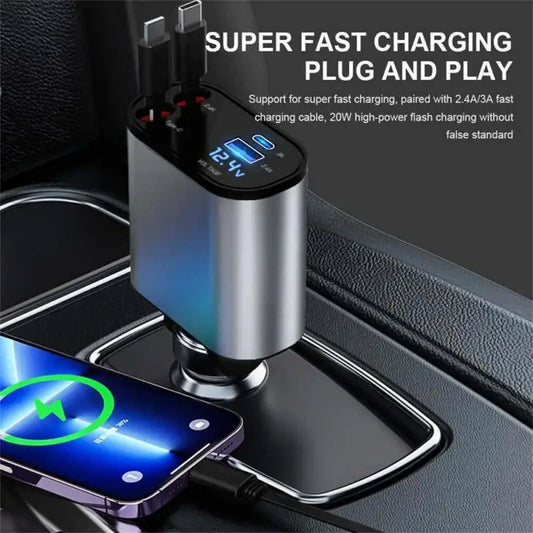 120W 4 in 1 Retractable Car Charger USB Type C Cable for Iphone Xiaomi Huawei Samsung Fast Charge Cord Cigarette Lighter Adapter