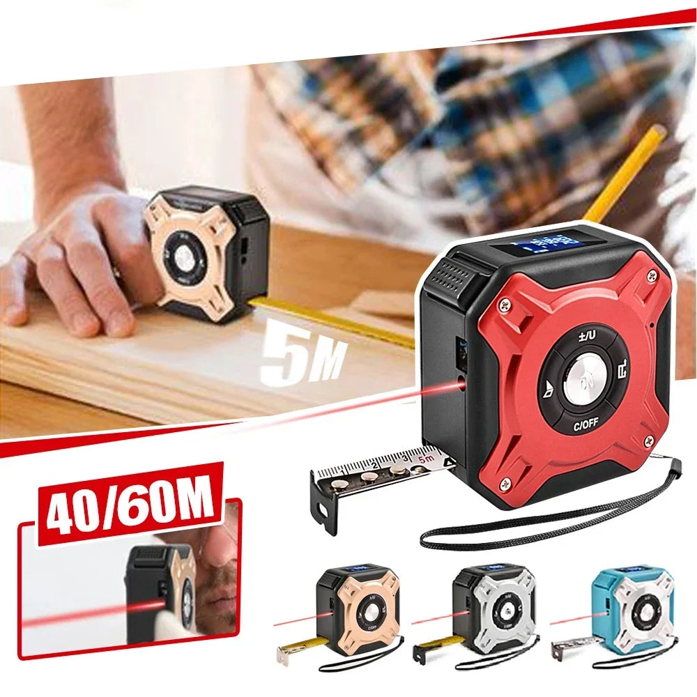 3-in-1 Laser Measuring Tool - 40/60M Distance Meter with Stainless Steel Digital Tape Measure and 5M Retractable Rangefinder
