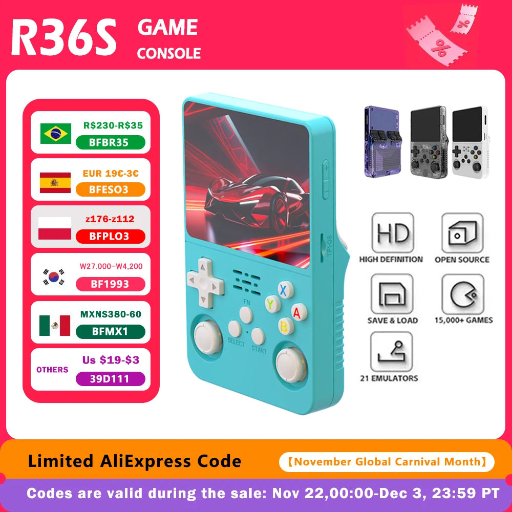 R36S Retro Handheld Video Game Console with Linux System, 3.5-Inch IPS Screen, 64GB Storage, and 15,000 Pre-Loaded Games.