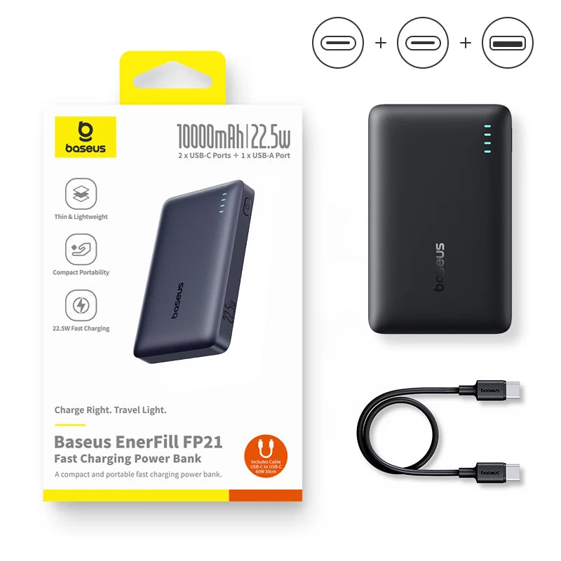 Baseus 22.5W 10000mAh Portable Power Bank with Quick Charge and Power Delivery Fast Charging for iPhone 16, 15, Samsung, and Xiaomi Devices.