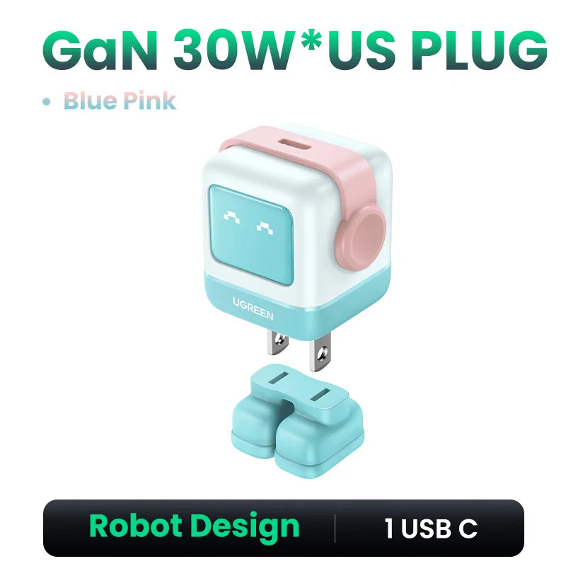 Ugreen 65W GaN Charger - Sleek Robot Design with Dual USB-C Ports for PD 3.0 Fast Charging, Compatible with iPhone 16/15/14 Pro, MacBooks, Laptops, and Tablets - Perfect for Travel and Everyday Use.