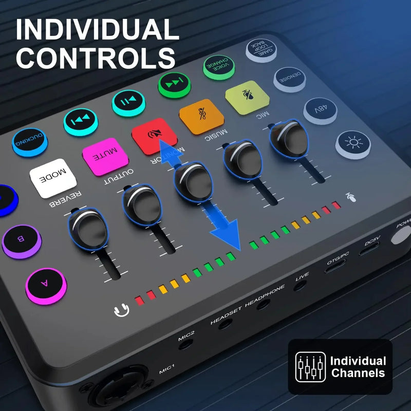 F11 Professional 5-Channel Live Sound Card Mixer for Streaming and Studio Recording with Podcast Accessories.