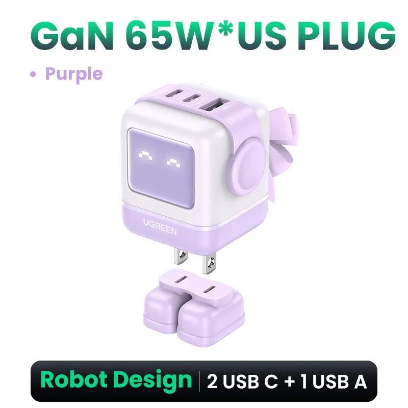 Ugreen 65W GaN Charger - Sleek Robot Design with Dual USB-C Ports for PD 3.0 Fast Charging, Compatible with iPhone 16/15/14 Pro, MacBooks, Laptops, and Tablets - Perfect for Travel and Everyday Use.