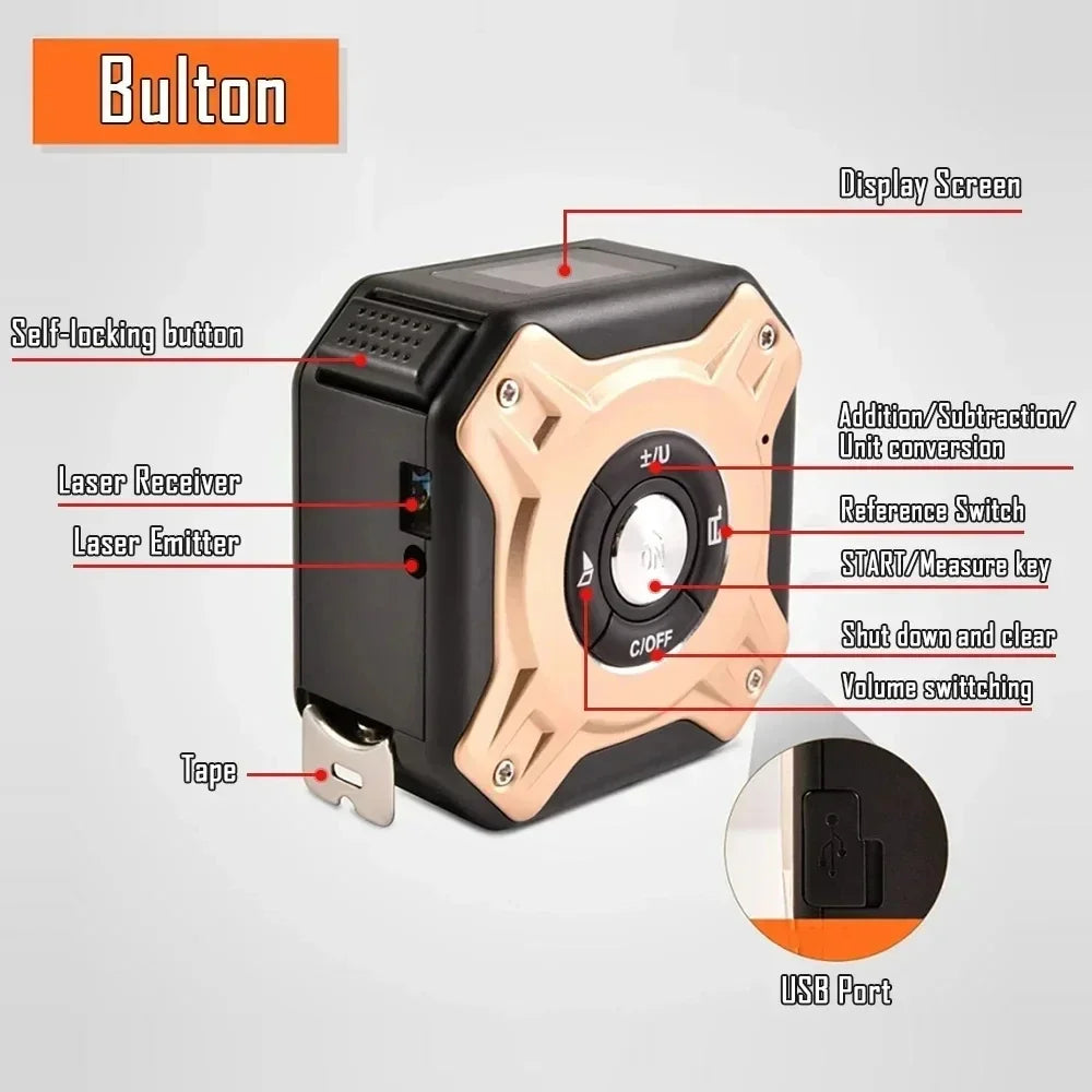 3-in-1 Laser Measuring Tool - 40/60M Distance Meter with Stainless Steel Digital Tape Measure and 5M Retractable Rangefinder