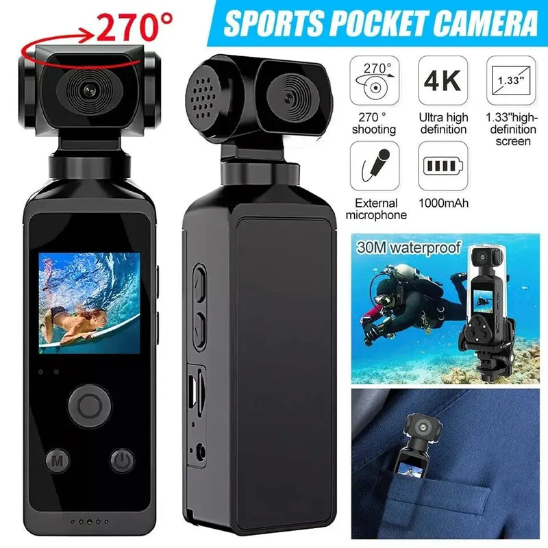 4K 1080P WiFi Full HD Mini Camcorder with 270° Rotation and Waterproof Case for Outdoor Sports Documentation.