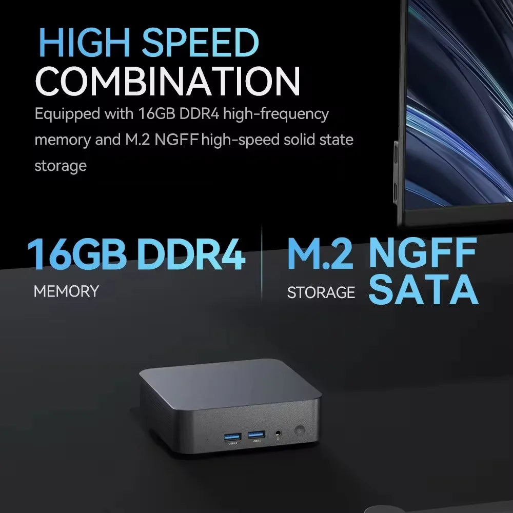 Windows 11 Mini PC with Intel Core i9-8950HK, 16GB RAM, 1/2TB SSD, Bluetooth 5.2, Wi-Fi 6, and 1000M Ethernet.