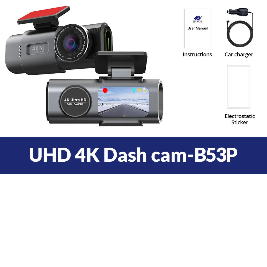 4K UHD Dash Cam with Night Vision, Built-In Wi-Fi, GPS Support, and 24-Hour Parking Monitoring