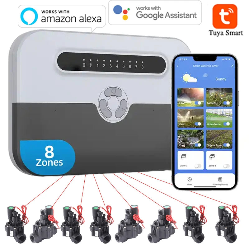 8-Station Wi-Fi Indoor Smart Sprinkler Controller with Solenoid Valve and Remote Phone Control, Compatible with Alexa