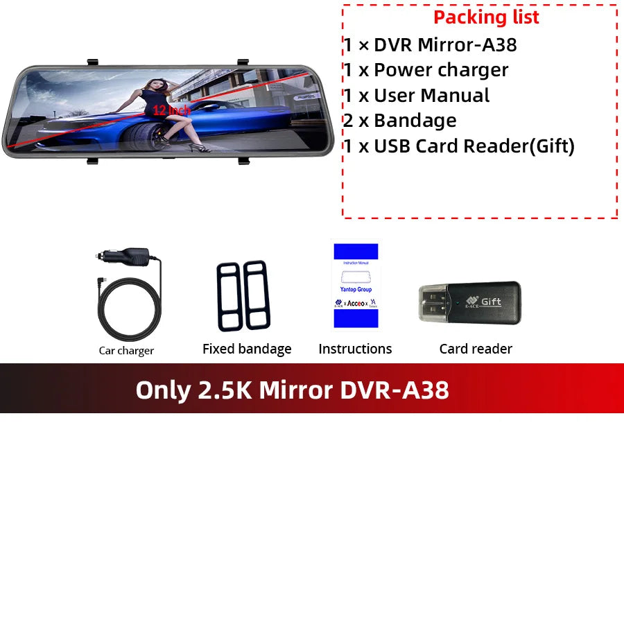 12-Inch Touch Screen Dash Cam and Rearview Camera System for Vehicles with DVR Functionality and Sony Technology.
