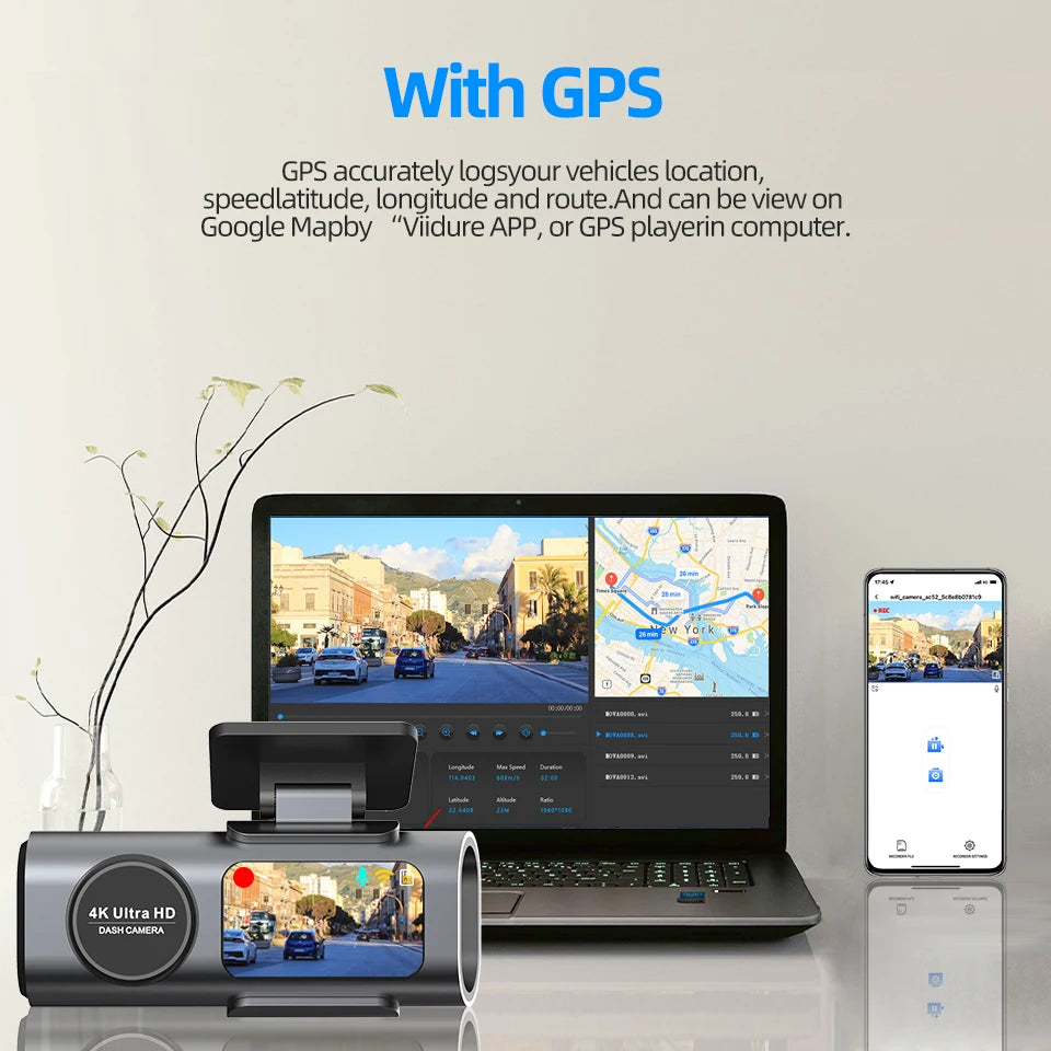4K UHD Dash Cam with Night Vision, Built-In Wi-Fi, GPS Support, and 24-Hour Parking Monitoring