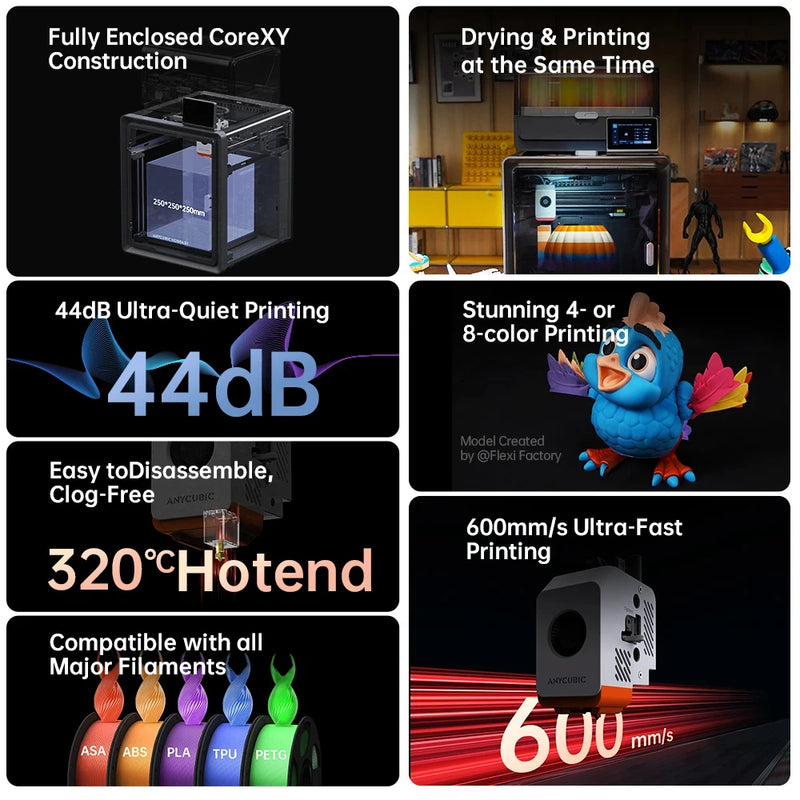 Anycubic Kobra S1 Combo Multi-Color 3D Printer - Unleash Your Creativity with High Precision Core XY Technology, Exceptional Speed up to 600 mm/s, and Generous Build Volume of 250 x 250 x 250 mm.