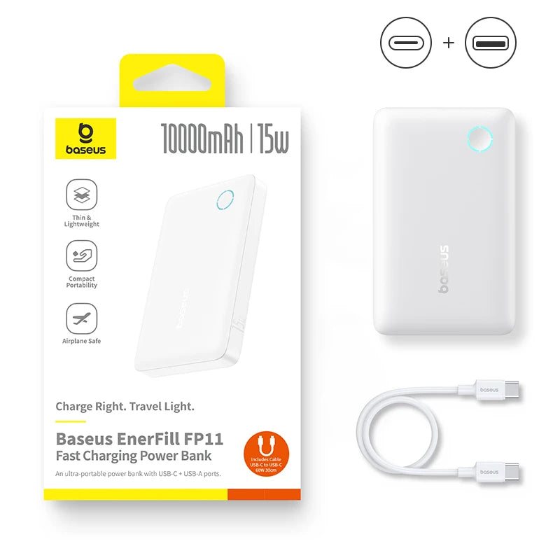 Baseus 22.5W 10000mAh Portable Power Bank with Quick Charge and Power Delivery Fast Charging for iPhone 16, 15, Samsung, and Xiaomi Devices.