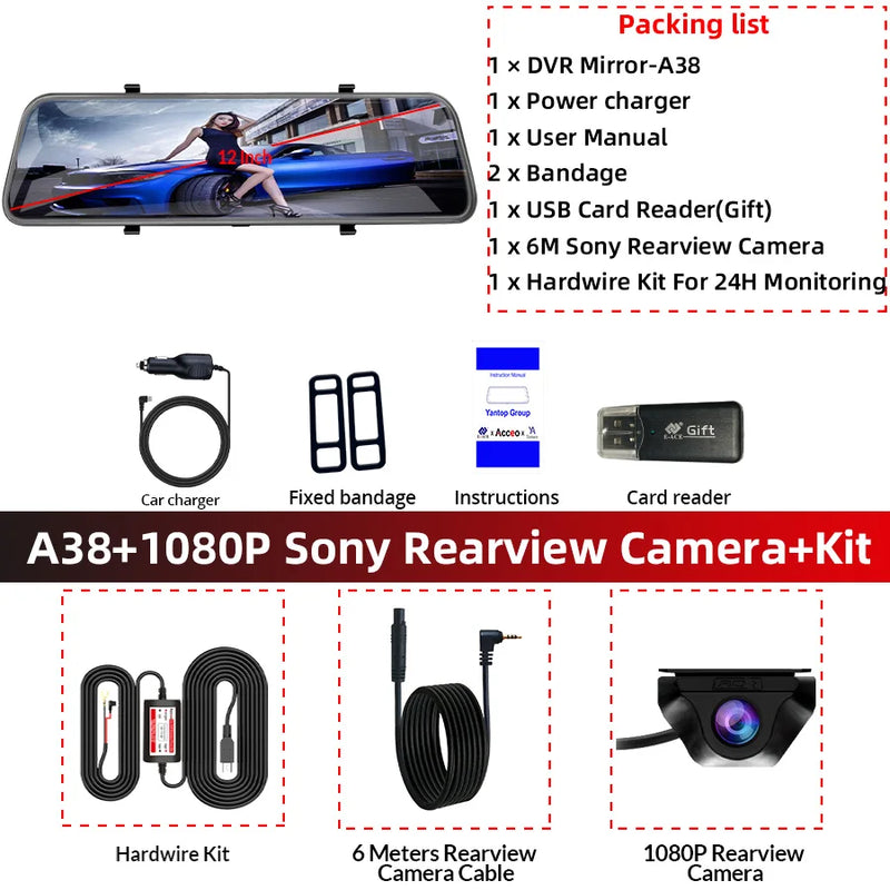 12-Inch Touch Screen Dash Cam and Rearview Camera System for Vehicles with DVR Functionality and Sony Technology.