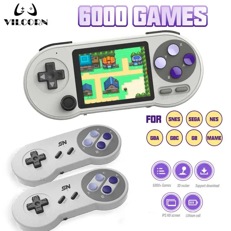 SF2000 Portable Handheld Game Console with 3-Inch IPS Display, Featuring 6000 Built-In Retro Games for SFC, FC, and GBA - Ideal Gift for Kids with AV Output.