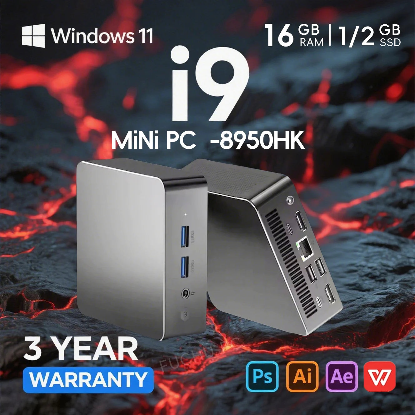 Windows 11 Mini PC with Intel Core i9-8950HK, 16GB RAM, 1/2TB SSD, Bluetooth 5.2, Wi-Fi 6, and 1000M Ethernet.