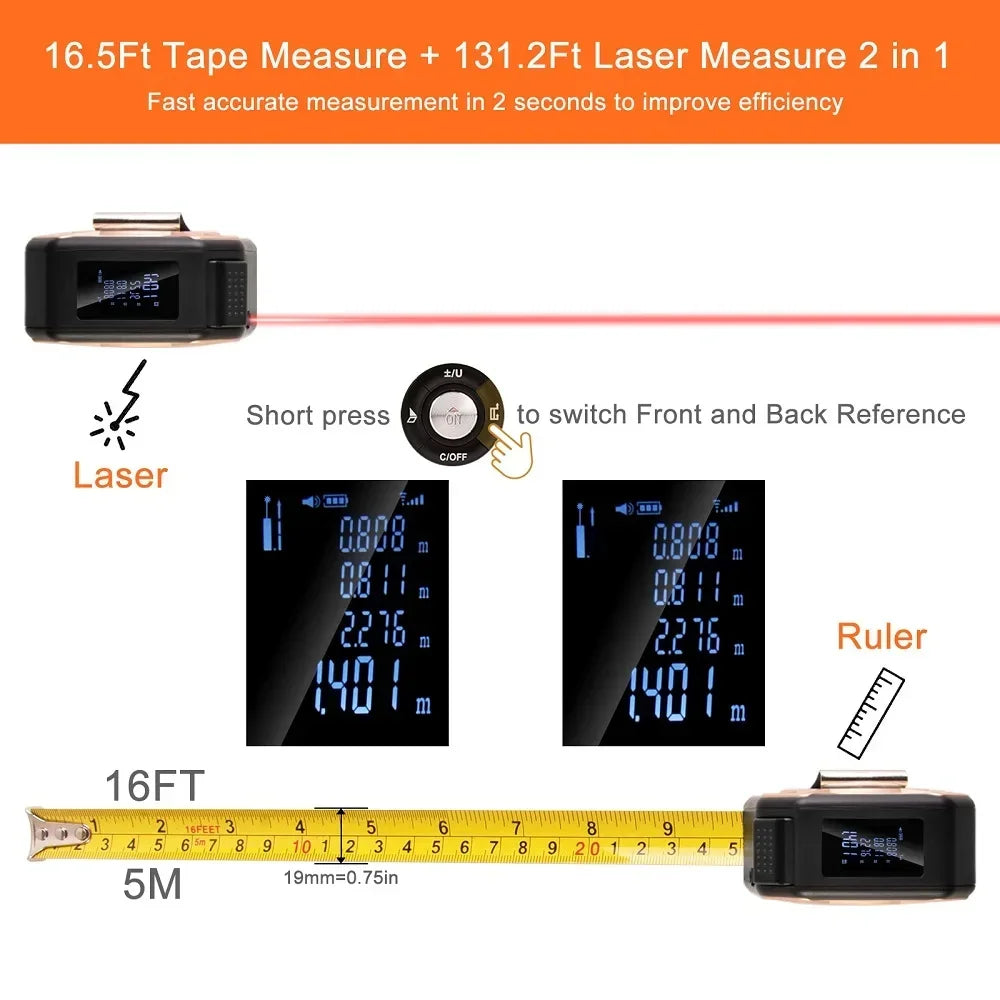 3-in-1 Laser Measuring Tool - 40/60M Distance Meter with Stainless Steel Digital Tape Measure and 5M Retractable Rangefinder