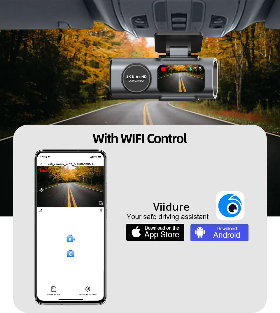 4K UHD Dash Cam with Night Vision, Built-In Wi-Fi, GPS Support, and 24-Hour Parking Monitoring