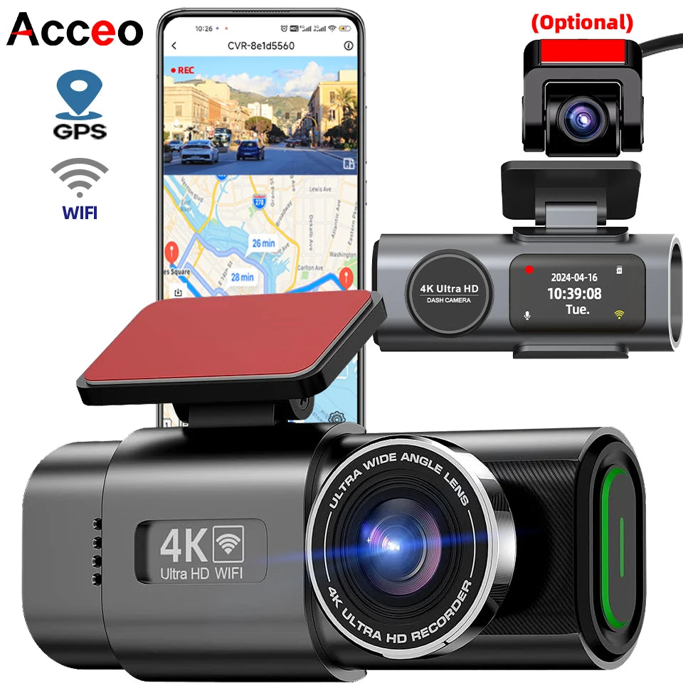 4K UHD Dash Cam with Night Vision, Built-In Wi-Fi, GPS Support, and 24-Hour Parking Monitoring