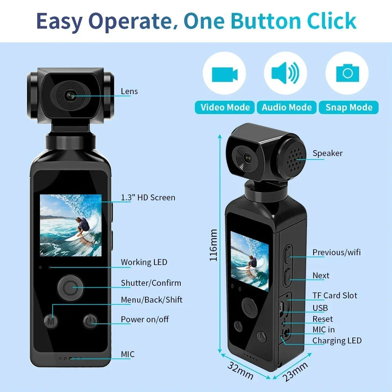 4K 1080P WiFi Full HD Mini Camcorder with 270° Rotation and Waterproof Case for Outdoor Sports Documentation.