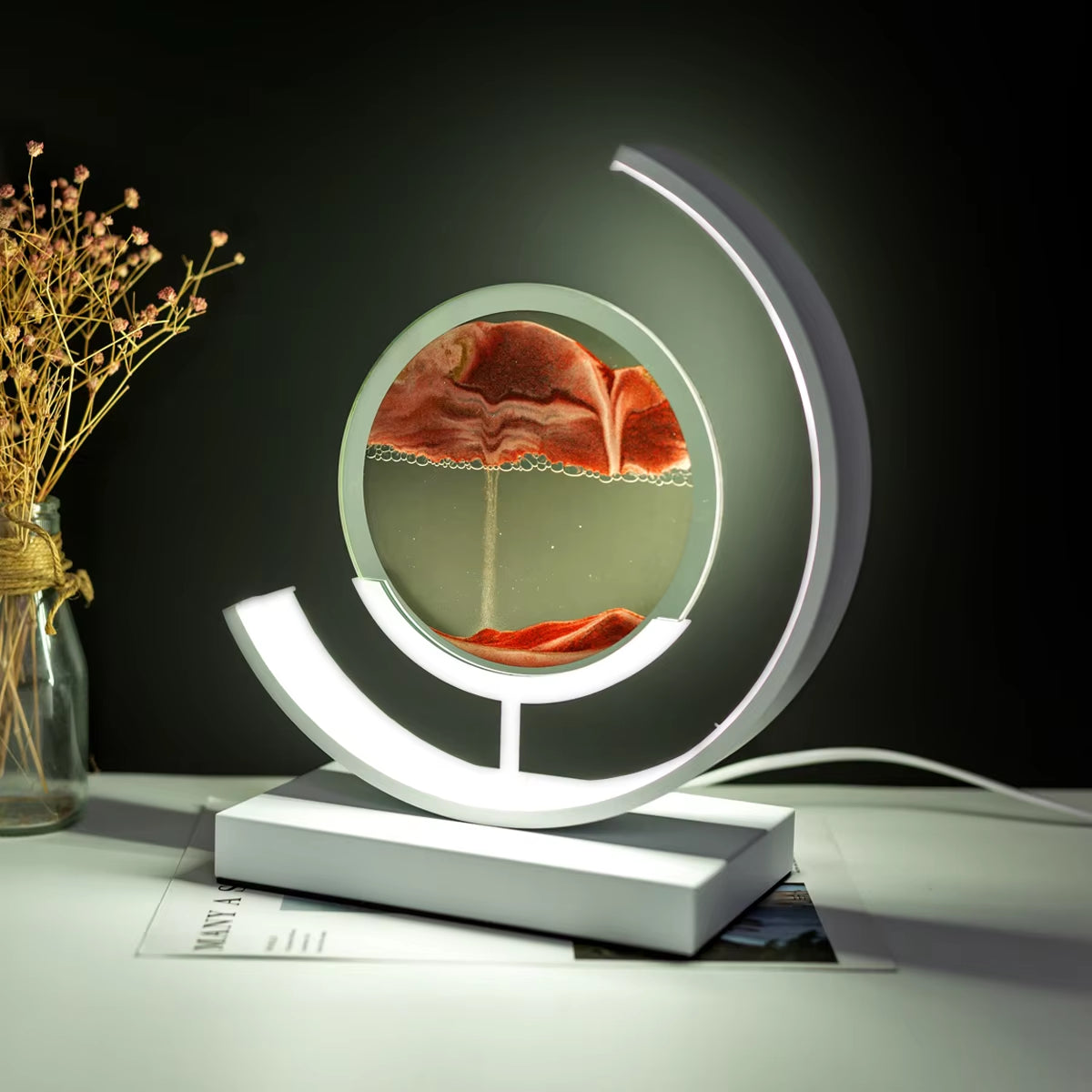 Elegant LED Quicksand Art Hourglass Lamp with Remote Control and 360° Rotation for Home and Bedroom Decoration.