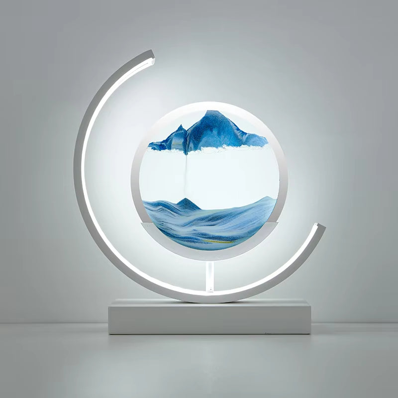 Elegant LED Quicksand Art Hourglass Lamp with Remote Control and 360° Rotation for Home and Bedroom Decoration.