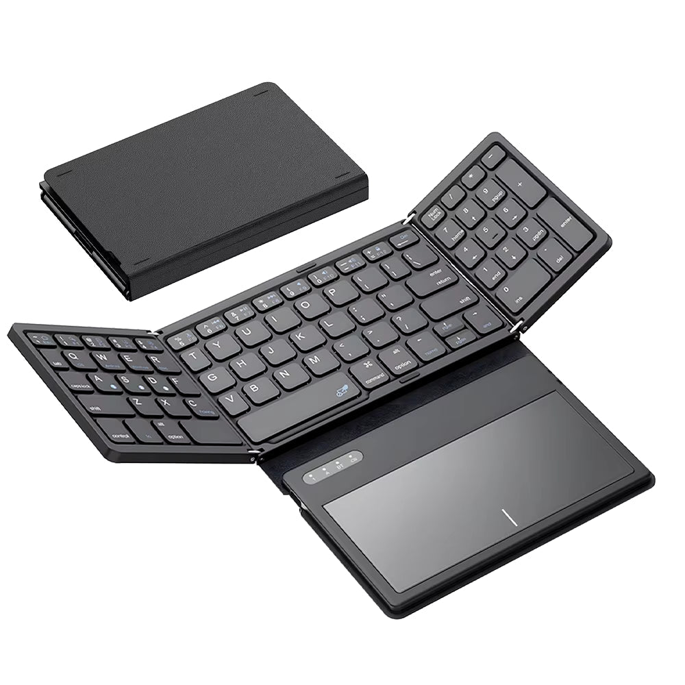 Portable Quadruple Folding Wireless Bluetooth Keyboard with Integrated Touchpad for Tablets and Smartphones across Windows, Android, and iOS Platforms