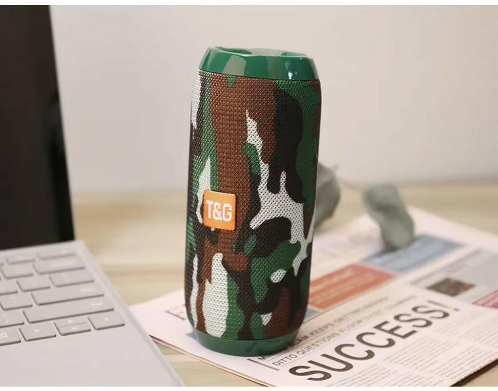 Waterproof Portable Bluetooth Speaker with Subwoofer, AUX, and FM Radio Functionality.