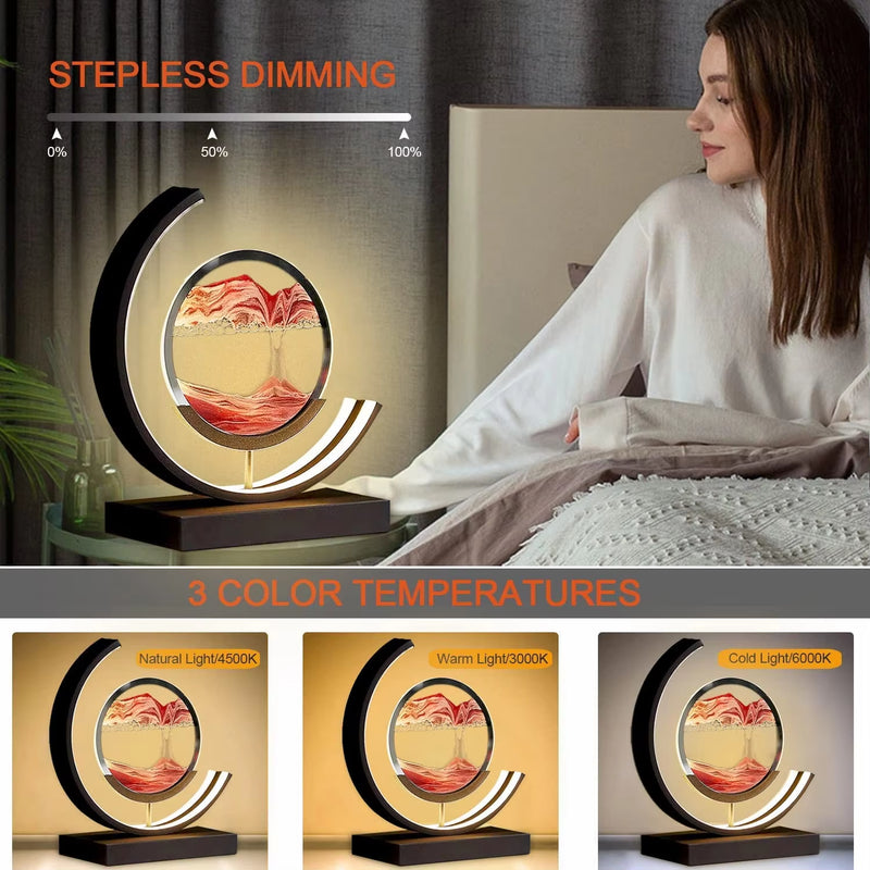 Elegant LED Quicksand Art Hourglass Lamp with Remote Control and 360° Rotation for Home and Bedroom Decoration.