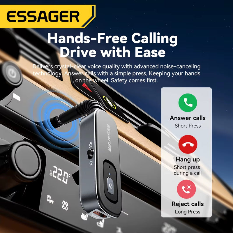 Bluetooth 5.1 Audio Receiver and Transmitter with 3.5mm AUX and Microphone for Wireless Stereo Music Streaming on PC, TV, and Car Speakers.