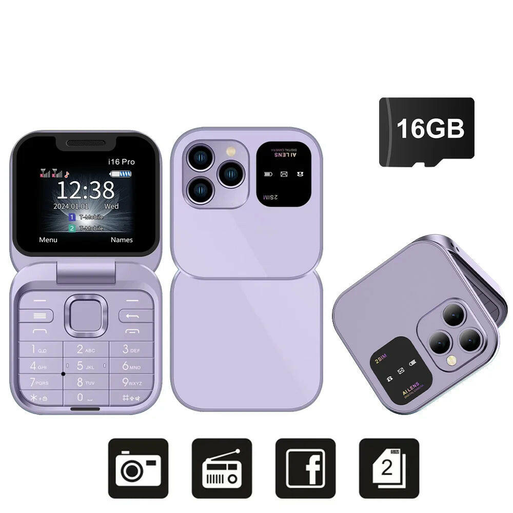 I16Pro Compact Foldable Mobile Phone with Auto Call Recording, Speed Dial, FM Radio, Dual SIM GSM Unlocked.