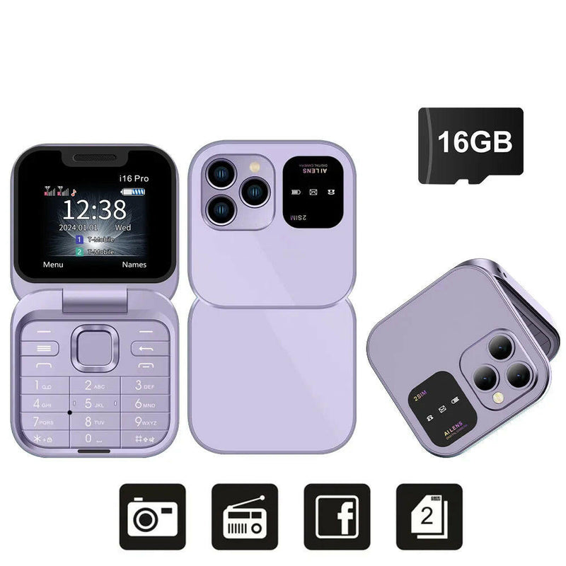 I16Pro Compact Foldable Mobile Phone with Auto Call Recording, Speed Dial, FM Radio, Dual SIM GSM Unlocked.