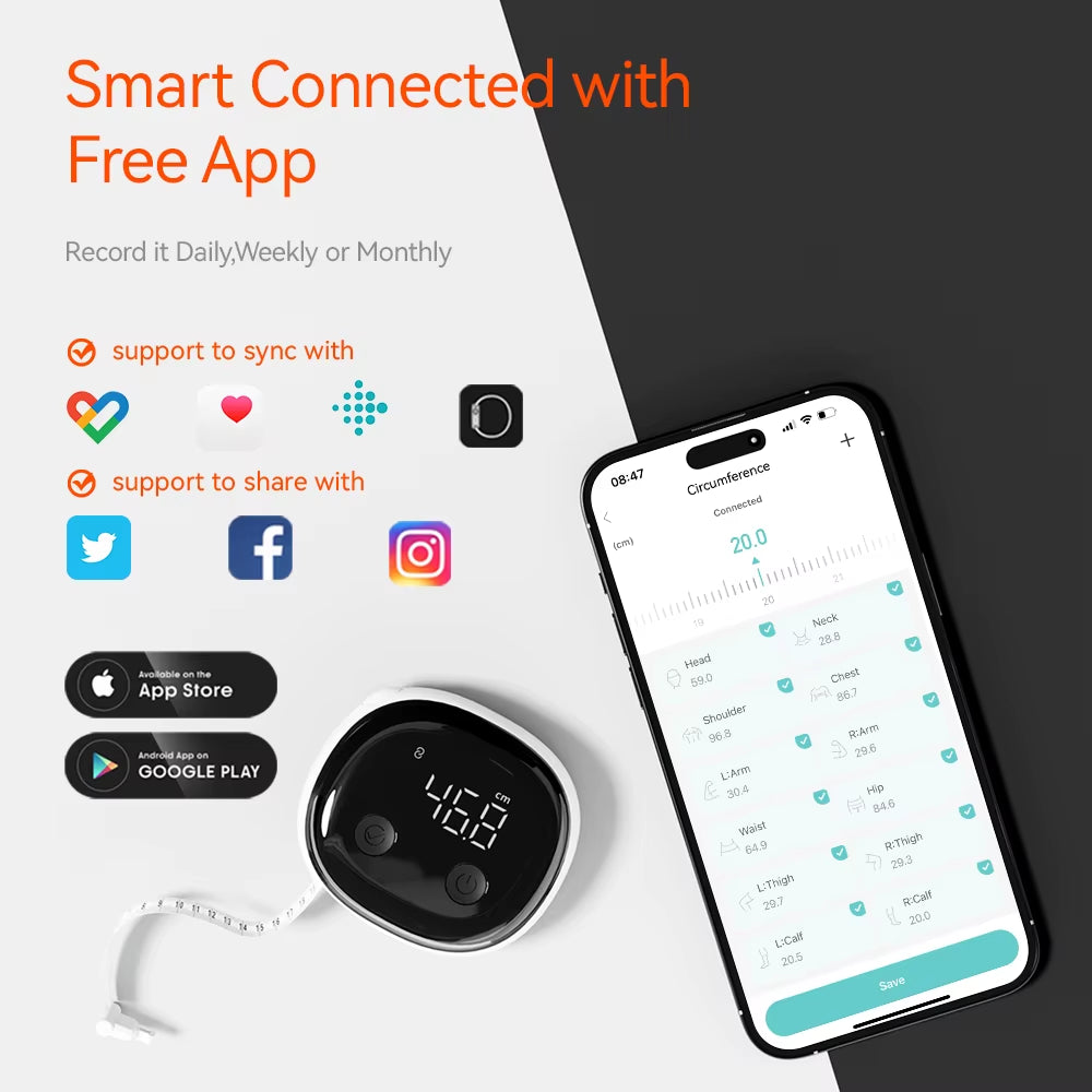 Revolutionize Your Fitness Journey with the Smart Body Measurement Tape 2024 - Dual Scale Soft Tape Measure for Accurate Body Measurements and Mobile App Tracking