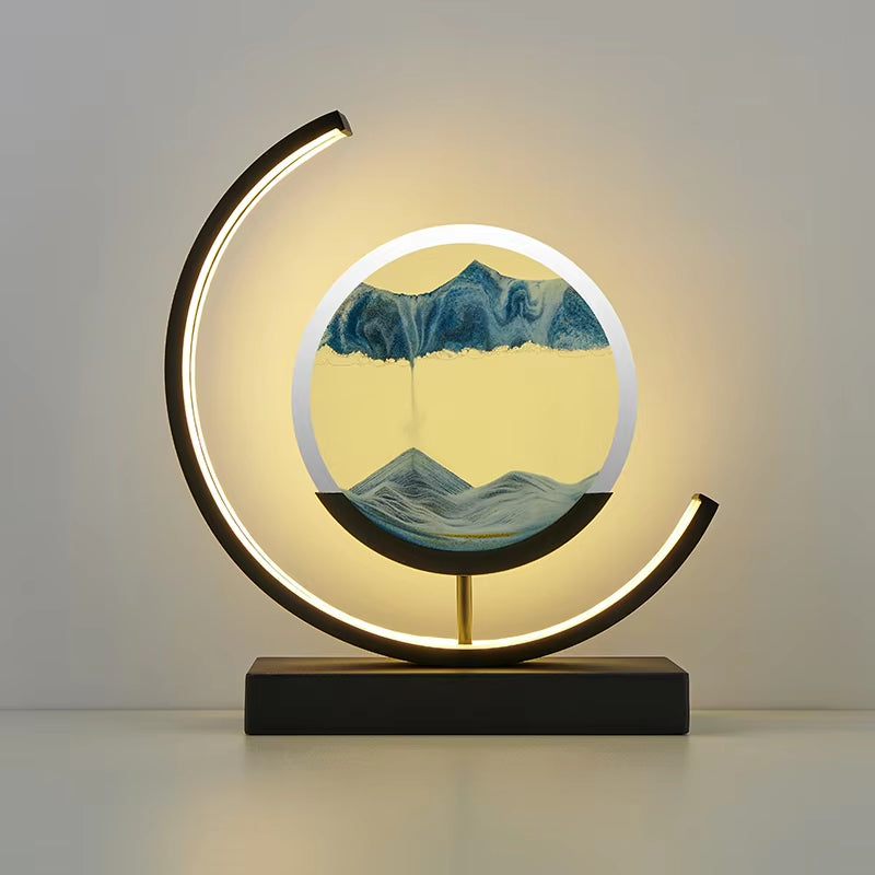 Elegant LED Quicksand Art Hourglass Lamp with Remote Control and 360° Rotation for Home and Bedroom Decoration.