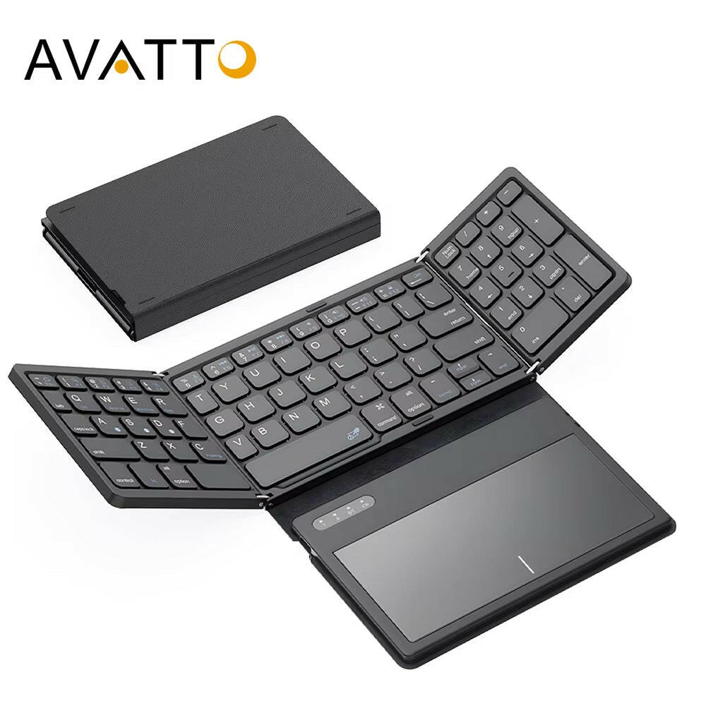 Portable Quadruple Folding Wireless Bluetooth Keyboard with Integrated Touchpad for Tablets and Smartphones across Windows, Android, and iOS Platforms.