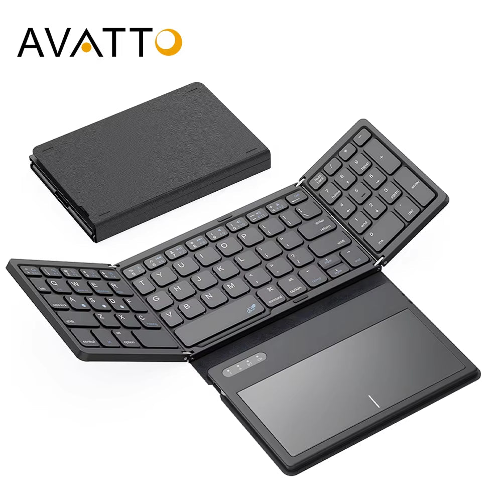 Portable Quadruple Folding Wireless Bluetooth Keyboard with Integrated Touchpad for Tablets and Smartphones across Windows, Android, and iOS Platforms