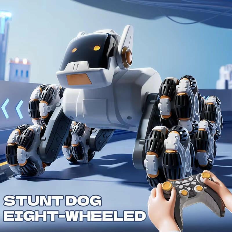 Intelligent Remote Control Robot Dog with Eight Wheels and Tail Spray Stunt Features - Four Skill Functions for Children.