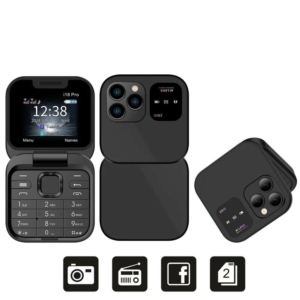 I16Pro Compact Foldable Mobile Phone with Auto Call Recording, Speed Dial, FM Radio, Dual SIM GSM Unlocked.
