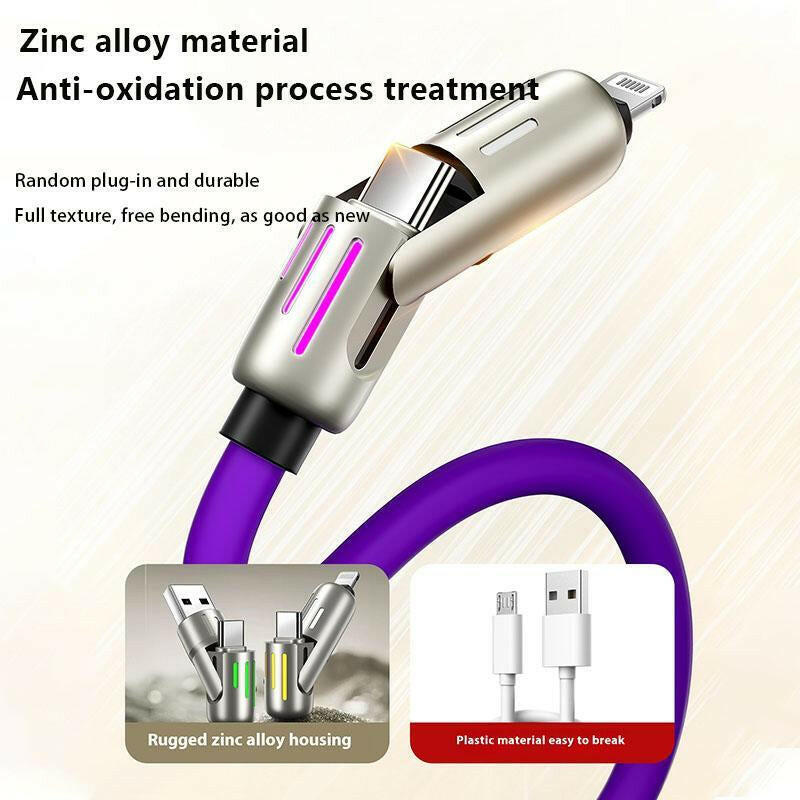 240W 4-in-1 USB-C Multi Charger Cable with Breathing Light, PD 5A Fast Charging and Data Sync for iPhone, Samsung, and Laptops.