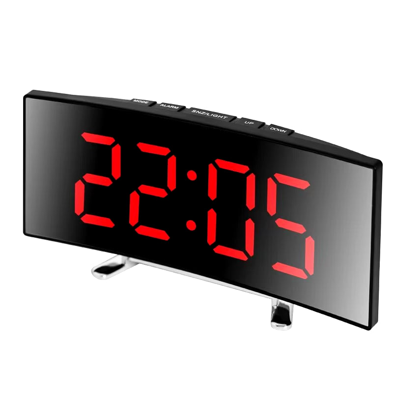 Creative Curved LED Alarm Clock with Dual-Purpose Mirror Design