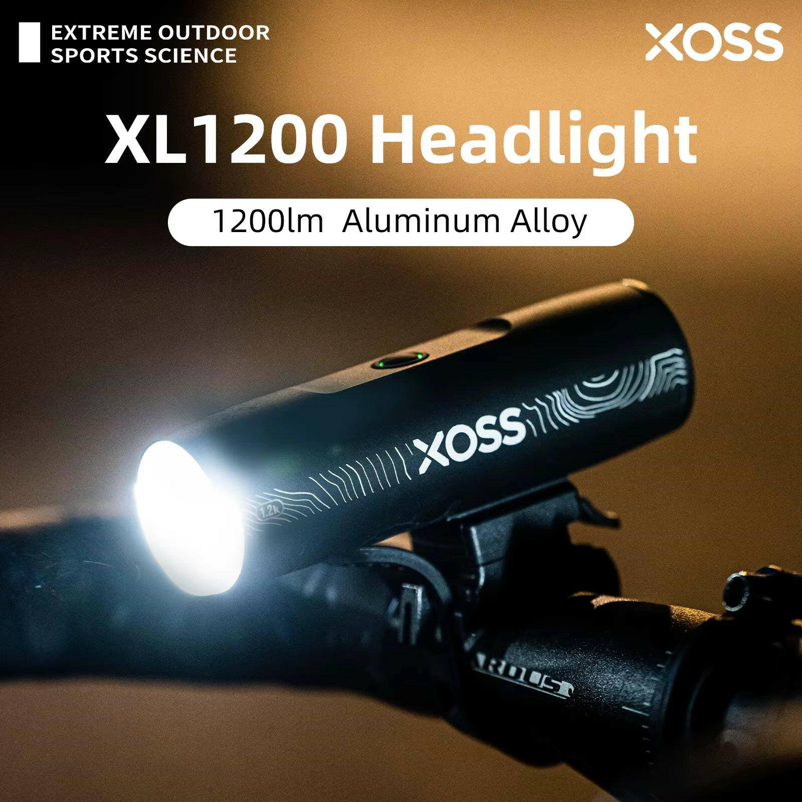XOSS XL1200 Rechargeable Waterproof Bicycle Headlight - 200-1200 Lumen Aluminum Ultralight Front Lamp.