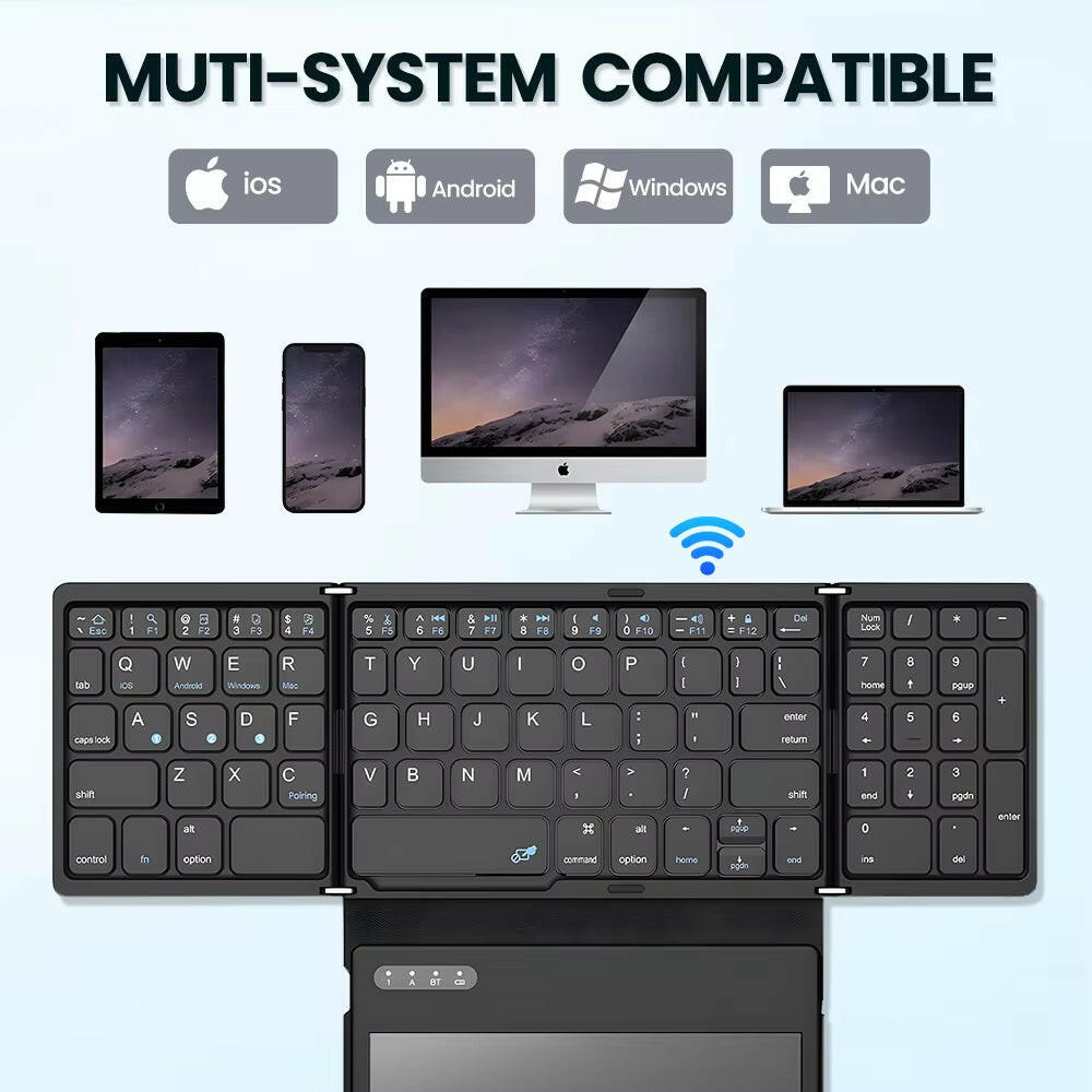Portable Quadruple Folding Wireless Bluetooth Keyboard with Integrated Touchpad for Tablets and Smartphones across Windows, Android, and iOS Platforms.