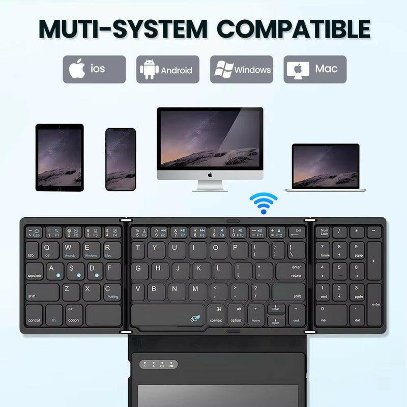 Portable Quadruple Folding Wireless Bluetooth Keyboard with Integrated Touchpad for Tablets and Smartphones across Windows, Android, and iOS Platforms.